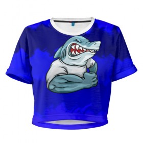 Женская футболка 3D укороченная с принтом aggressive shark в Санкт-Петербурге, 100% полиэстер | круглая горловина, длина футболки до линии талии, рукава с отворотами | абстракция | акула | краски | синий | темносиний