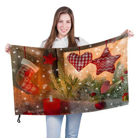 Флаг 3D с принтом Новогодняя сказка в Санкт-Петербурге, 100% полиэстер | плотность ткани — 95 г/м2, размер — 67 х 109 см. Принт наносится с одной стороны | елка | мягкие игрушки | новый год снег | свеча | снежинки