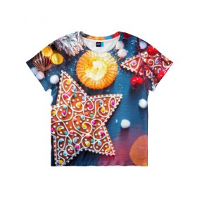 Детская футболка 3D с принтом Новогодняя фантазия в Санкт-Петербурге, 100% гипоаллергенный полиэфир | прямой крой, круглый вырез горловины, длина до линии бедер, чуть спущенное плечо, ткань немного тянется | новый год снег | пряники | сладость | снежинки