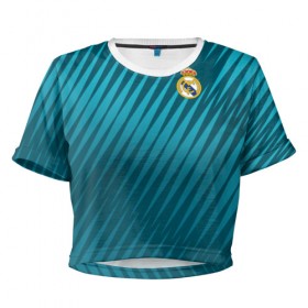 Женская футболка 3D укороченная с принтом Real Madrid 2018 Sportwear в Санкт-Петербурге, 100% полиэстер | круглая горловина, длина футболки до линии талии, рукава с отворотами | 