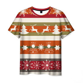 Мужская футболка 3D с принтом Новогодняя текстура в Санкт-Петербурге, 100% полиэфир | прямой крой, круглый вырез горловины, длина до линии бедер | елка | колокольчик | новый год | олени | снег | снежинки