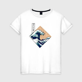 Женская футболка хлопок с принтом Большая волна в Канагаве в Санкт-Петербурге, 100% хлопок | прямой крой, круглый вырез горловины, длина до линии бедер, слегка спущенное плечо | Тематика изображения на принте: japan | kanagawa wave | большая волна в канагаве | канагава | япония