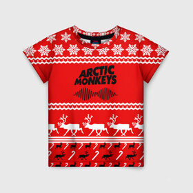 Детская футболка 3D с принтом Arctic Monkeys в Санкт-Петербурге, 100% гипоаллергенный полиэфир | прямой крой, круглый вырез горловины, длина до линии бедер, чуть спущенное плечо, ткань немного тянется | arc | алекс тёрнер | арктик | арктические | гаражный | группа | джейми кук | знак | инди | красный | манкис | мартышки | музыка | надпись | ник о мэлли | новогодний | новый год | обезьяна | постпанк