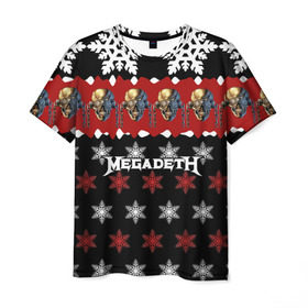 Мужская футболка 3D с принтом Праздничный Megadeth в Санкт-Петербурге, 100% полиэфир | прямой крой, круглый вырез горловины, длина до линии бедер | me | megadeth | группа | дирк вербурен | дэвид эллефсон | дэйв мастейн | знак | кико лоурейро | красный | мегадет | метал | надпись | новогодний | новый год | праздник | рождество | рок | снежинки | трэш