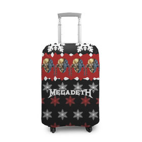 Чехол для чемодана 3D с принтом Праздничный Megadeth в Санкт-Петербурге, 86% полиэфир, 14% спандекс | двустороннее нанесение принта, прорези для ручек и колес | me | megadeth | группа | дирк вербурен | дэвид эллефсон | дэйв мастейн | знак | кико лоурейро | красный | мегадет | метал | надпись | новогодний | новый год | праздник | рождество | рок | снежинки | трэш