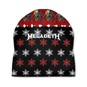 Шапка 3D с принтом Праздничный Megadeth в Санкт-Петербурге, 100% полиэстер | универсальный размер, печать по всей поверхности изделия | me | megadeth | группа | дирк вербурен | дэвид эллефсон | дэйв мастейн | знак | кико лоурейро | красный | мегадет | метал | надпись | новогодний | новый год | праздник | рождество | рок | снежинки | трэш