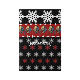 Обложка для паспорта матовая кожа с принтом Праздничный Megadeth в Санкт-Петербурге, натуральная матовая кожа | размер 19,3 х 13,7 см; прозрачные пластиковые крепления | me | megadeth | группа | дирк вербурен | дэвид эллефсон | дэйв мастейн | знак | кико лоурейро | красный | мегадет | метал | надпись | новогодний | новый год | праздник | рождество | рок | снежинки | трэш