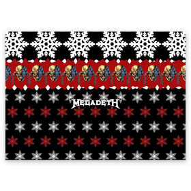Поздравительная открытка с принтом Праздничный Megadeth в Санкт-Петербурге, 100% бумага | плотность бумаги 280 г/м2, матовая, на обратной стороне линовка и место для марки
 | me | megadeth | группа | дирк вербурен | дэвид эллефсон | дэйв мастейн | знак | кико лоурейро | красный | мегадет | метал | надпись | новогодний | новый год | праздник | рождество | рок | снежинки | трэш