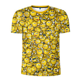 Мужская футболка 3D спортивная с принтом Веселые смайлики в Санкт-Петербурге, 100% полиэстер с улучшенными характеристиками | приталенный силуэт, круглая горловина, широкие плечи, сужается к линии бедра | emoji | smile | желтый | круглый | лица | паттерн | смайл | улыбка | эмоции