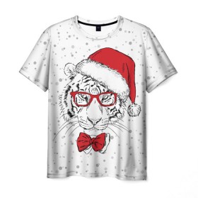 Мужская футболка 3D с принтом Тигр Санта Клаус в Санкт-Петербурге, 100% полиэфир | прямой крой, круглый вырез горловины, длина до линии бедер | animal | bow | christmas | holiday | new year | predator | santa claus | snow | tiger | view | winter | бант | взгляд | дед мороз | животное | зима | новый год | очки | праздник | рождество | санта клаус | снег | тигр | хищник