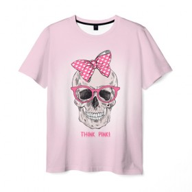 Мужская футболка 3D с принтом Think pinki в Санкт-Петербурге, 100% полиэфир | прямой крой, круглый вырез горловины, длина до линии бедер | Тематика изображения на принте: бантик | очки | розовый | череп