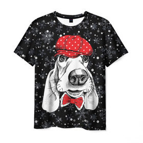 Мужская футболка 3D с принтом Бассет-хаунд в Санкт-Петербурге, 100% полиэфир | прямой крой, круглый вырез горловины, длина до линии бедер | bow | breed | cap | christmas | dog | holiday | new year | red | wint | бант | бассет хаунд | белый | взгляд | горошек | зима | красный | новый год | порода | праздник | рождество | снег | снежинки | собака | фуражка