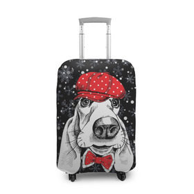 Чехол для чемодана 3D с принтом Бассет-хаунд в Санкт-Петербурге, 86% полиэфир, 14% спандекс | двустороннее нанесение принта, прорези для ручек и колес | bow | breed | cap | christmas | dog | holiday | new year | red | wint | бант | бассет хаунд | белый | взгляд | горошек | зима | красный | новый год | порода | праздник | рождество | снег | снежинки | собака | фуражка