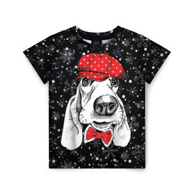Детская футболка 3D с принтом Бассет-хаунд в Санкт-Петербурге, 100% гипоаллергенный полиэфир | прямой крой, круглый вырез горловины, длина до линии бедер, чуть спущенное плечо, ткань немного тянется | bow | breed | cap | christmas | dog | holiday | new year | red | wint | бант | бассет хаунд | белый | взгляд | горошек | зима | красный | новый год | порода | праздник | рождество | снег | снежинки | собака | фуражка