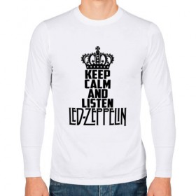 Мужской лонгслив хлопок с принтом Keep calm and listen LedZep в Санкт-Петербурге, 100% хлопок |  | led zeppelin | джимми пейдж | джон генри бонэм | джон пол джонс | лед зеппелин | роберт плант
