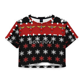 Женская футболка 3D укороченная с принтом Праздничный Bon Jovi в Санкт-Петербурге, 100% полиэстер | круглая горловина, длина футболки до линии талии, рукава с отворотами | bon | jovi | бон | группа | джови | новогодний | новый год | праздник | рождество | рок | снежинки