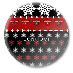 Значок с принтом Праздничный Bon Jovi в Санкт-Петербурге,  металл | круглая форма, металлическая застежка в виде булавки | Тематика изображения на принте: bon | jovi | бон | группа | джови | новогодний | новый год | праздник | рождество | рок | снежинки