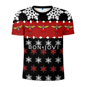 Мужская футболка 3D спортивная с принтом Праздничный Bon Jovi в Санкт-Петербурге, 100% полиэстер с улучшенными характеристиками | приталенный силуэт, круглая горловина, широкие плечи, сужается к линии бедра | bon | jovi | бон | группа | джови | новогодний | новый год | праздник | рождество | рок | снежинки