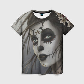 Женская футболка 3D с принтом Skull в Санкт-Петербурге, 100% полиэфир ( синтетическое хлопкоподобное полотно) | прямой крой, круглый вырез горловины, длина до линии бедер | halloween | skull | sugar skull | мексика | хэллоуин | череп