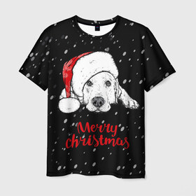 Мужская футболка 3D с принтом Собака Санта в Санкт-Петербурге, 100% полиэфир | прямой крой, круглый вырез горловины, длина до линии бедер | дед мороз | зима | новогодний | рождество | снег | шапка