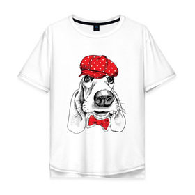 Мужская футболка хлопок Oversize с принтом Бассет-хаунд в Санкт-Петербурге, 100% хлопок | свободный крой, круглый ворот, “спинка” длиннее передней части | bow | breed | cap | christmas | dog | holiday | new year | red | wint | бант | бассет хаунд | в горошек | новый год | порода | рождество | фуражка