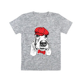 Детская футболка хлопок с принтом Бассет-хаунд в Санкт-Петербурге, 100% хлопок | круглый вырез горловины, полуприлегающий силуэт, длина до линии бедер | bow | breed | cap | christmas | dog | holiday | new year | red | wint | бант | бассет хаунд | в горошек | новый год | порода | рождество | фуражка