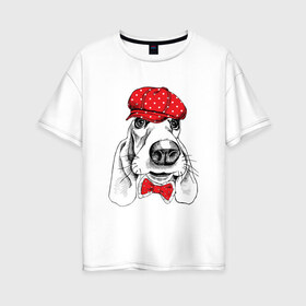 Женская футболка хлопок Oversize с принтом Бассет-хаунд в Санкт-Петербурге, 100% хлопок | свободный крой, круглый ворот, спущенный рукав, длина до линии бедер
 | bow | breed | cap | christmas | dog | holiday | new year | red | wint | бант | бассет хаунд | в горошек | новый год | порода | рождество | фуражка