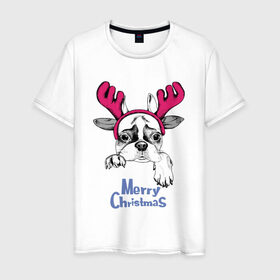 Мужская футболка хлопок с принтом Бульдог Олень в Санкт-Петербурге, 100% хлопок | прямой крой, круглый вырез горловины, длина до линии бедер, слегка спущенное плечо. | breed | bulldog | christmas | deer | dog | holiday | horns | ne | santa claus | scarf | snow | snowflakes | winter | бульдог | дед мороз | зима | новый год | олень | очки | порода | праздник | рога | рождество | санта клаус | снег | снежинки | с