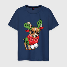 Мужская футболка хлопок с принтом Год собаки в Санкт-Петербурге, 100% хлопок | прямой крой, круглый вырез горловины, длина до линии бедер, слегка спущенное плечо. | Тематика изображения на принте: christmas | deer | dog | holiday | horns | new year | scarf | snow | snowflakes | sweater | winter | зима | новый год | олень | праздник | рога | рождество | свитер | снег | снежинки | собака | шарф