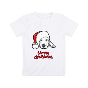 Детская футболка хлопок с принтом Собака Санта в Санкт-Петербурге, 100% хлопок | круглый вырез горловины, полуприлегающий силуэт, длина до линии бедер | christmas | dog | holiday | new year | santa claus | santa hat | snow | snowflakes | winter | дед мороз | зима | новый год | праздник | рождество | санта клаус | снег | снежинки | собака | шапка