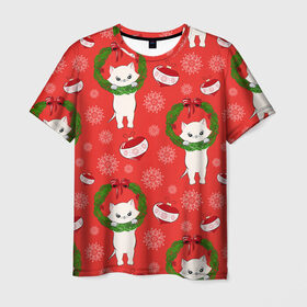 Мужская футболка 3D с принтом Новогодние кошки в Санкт-Петербурге, 100% полиэфир | прямой крой, круглый вырез горловины, длина до линии бедер | зима | кот | новый год | подарок | рождество
