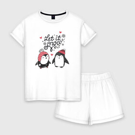 Женская пижама с шортиками хлопок с принтом Пингвинчики в Санкт-Петербурге, 100% хлопок | футболка прямого кроя, шорты свободные с широкой мягкой резинкой | зима | новый год | пингвин | подарок | рождество