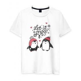 Мужская футболка хлопок с принтом Пингвинчики в Санкт-Петербурге, 100% хлопок | прямой крой, круглый вырез горловины, длина до линии бедер, слегка спущенное плечо. | зима | новый год | пингвин | подарок | рождество