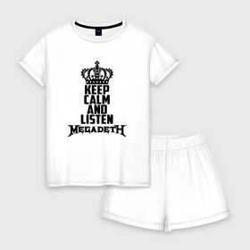 Женская пижама с шортиками хлопок с принтом Keep calm and listen Megadeth в Санкт-Петербурге, 100% хлопок | футболка прямого кроя, шорты свободные с широкой мягкой резинкой | megadet | megadeth | дирк вербурен | дэвид эллефсон | дэйв мастейн | кико лоурейро | мегадет