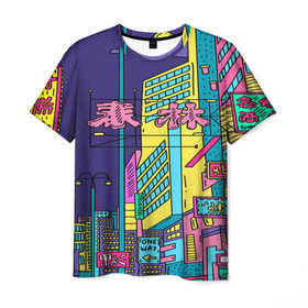 Мужская футболка 3D с принтом Токио в Санкт-Петербурге, 100% полиэфир | прямой крой, круглый вырез горловины, длина до линии бедер | азия | буквы | вывески | иероглифы | кислота | мегаполис | неон | неонуар | флуо | япония | яркий