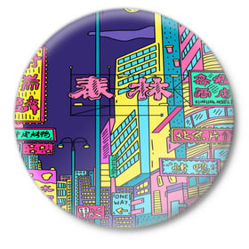 Значок с принтом Токио в Санкт-Петербурге,  металл | круглая форма, металлическая застежка в виде булавки | Тематика изображения на принте: азия | буквы | вывески | иероглифы | кислота | мегаполис | неон | неонуар | флуо | япония | яркий