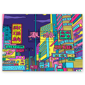 Поздравительная открытка с принтом Токио в Санкт-Петербурге, 100% бумага | плотность бумаги 280 г/м2, матовая, на обратной стороне линовка и место для марки
 | азия | буквы | вывески | иероглифы | кислота | мегаполис | неон | неонуар | флуо | япония | яркий