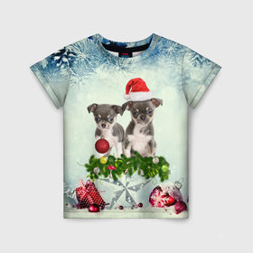 Детская футболка 3D с принтом Милые собачки в Санкт-Петербурге, 100% гипоаллергенный полиэфир | прямой крой, круглый вырез горловины, длина до линии бедер, чуть спущенное плечо, ткань немного тянется | Тематика изображения на принте: christmas | new year | год собаки | елка | елочки | новогодний | новый год | рождество | снег | снежинки | собака