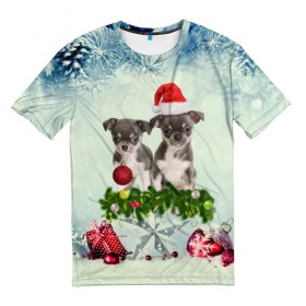 Мужская футболка 3D с принтом Милые собачки в Санкт-Петербурге, 100% полиэфир | прямой крой, круглый вырез горловины, длина до линии бедер | Тематика изображения на принте: christmas | new year | год собаки | елка | елочки | новогодний | новый год | рождество | снег | снежинки | собака