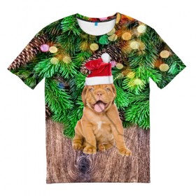 Мужская футболка 3D с принтом DOG в Санкт-Петербурге, 100% полиэфир | прямой крой, круглый вырез горловины, длина до линии бедер | christmas | new year | santa | год собаки | дед мороз | елка | елочки | новогодний | новый год | рождество | сантаклаус | снег | снежинки | собака