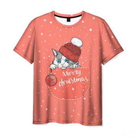 Мужская футболка 3D с принтом Кошка в кармане в Санкт-Петербурге, 100% полиэфир | прямой крой, круглый вырез горловины, длина до линии бедер | зима | кот | новый год | подарок | рождество