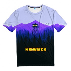 Мужская футболка 3D с принтом Firewatch в Санкт-Петербурге, 100% полиэфир | прямой крой, круглый вырез горловины, длина до линии бедер | Тематика изображения на принте: вышка | закат | лес | пейзаж
