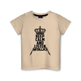 Детская футболка хлопок с принтом Keep calm and listen Metallica в Санкт-Петербурге, 100% хлопок | круглый вырез горловины, полуприлегающий силуэт, длина до линии бедер | Тематика изображения на принте: metallica | джеймс хэтфилд | кирк хэмметт | ларс ульрих | металика | металлика | миталика | роберт трухильо