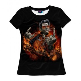 Женская футболка 3D с принтом Адский гитарист в Санкт-Петербурге, 100% полиэфир ( синтетическое хлопкоподобное полотно) | прямой крой, круглый вырез горловины, длина до линии бедер | гитара | гитарист | музыка | музыкант