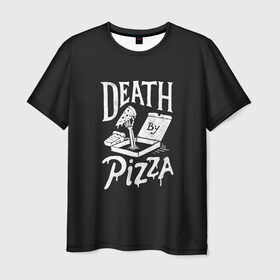 Мужская футболка 3D с принтом Death By Pizza в Санкт-Петербурге, 100% полиэфир | прямой крой, круглый вырез горловины, длина до линии бедер | Тематика изображения на принте: рука | скелет | умереть от пицы