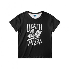 Детская футболка 3D с принтом Death By Pizza в Санкт-Петербурге, 100% гипоаллергенный полиэфир | прямой крой, круглый вырез горловины, длина до линии бедер, чуть спущенное плечо, ткань немного тянется | рука | скелет | умереть от пицы