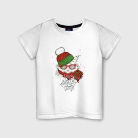 Детская футболка хлопок с принтом Котик в шапке в Санкт-Петербурге, 100% хлопок | круглый вырез горловины, полуприлегающий силуэт, длина до линии бедер | Тематика изображения на принте: зима | кот | новый год | подарок | рождество