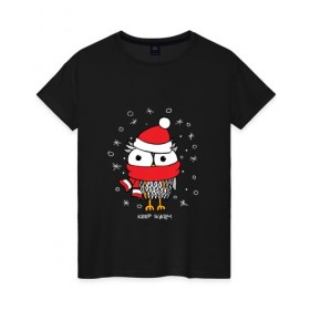 Женская футболка хлопок с принтом Сова в шапке в Санкт-Петербурге, 100% хлопок | прямой крой, круглый вырез горловины, длина до линии бедер, слегка спущенное плечо | зима | новый год | подарок | рождество | сова