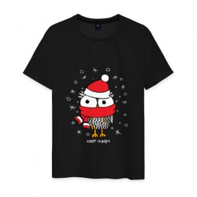 Мужская футболка хлопок с принтом Сова в шапке в Санкт-Петербурге, 100% хлопок | прямой крой, круглый вырез горловины, длина до линии бедер, слегка спущенное плечо. | зима | новый год | подарок | рождество | сова