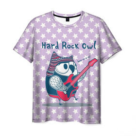 Мужская футболка 3D с принтом Hard rock owl в Санкт-Петербурге, 100% полиэфир | прямой крой, круглый вырез горловины, длина до линии бедер | Тематика изображения на принте: гитара | гитарист | музыка | музыкант